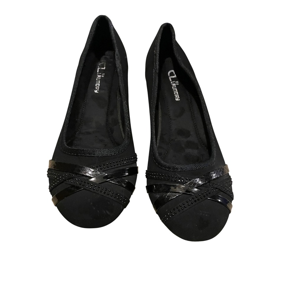 CL by Laundry Black Wedge Pumps Crisscross Beaded Patent Toe Shoes Womens 9M